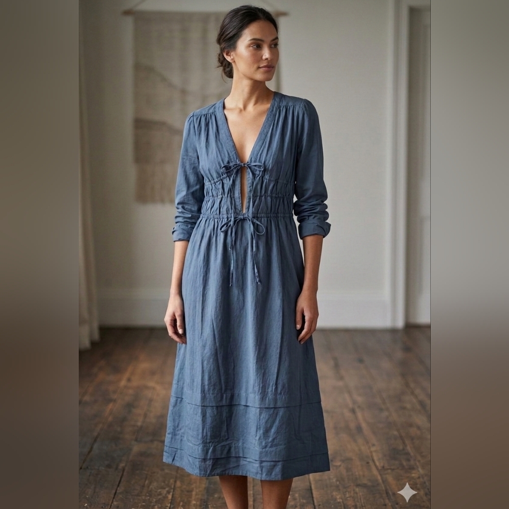 Crescent Slate Blue Long-Sleeve Tie-Waist Dress - Picture 1 of 3
